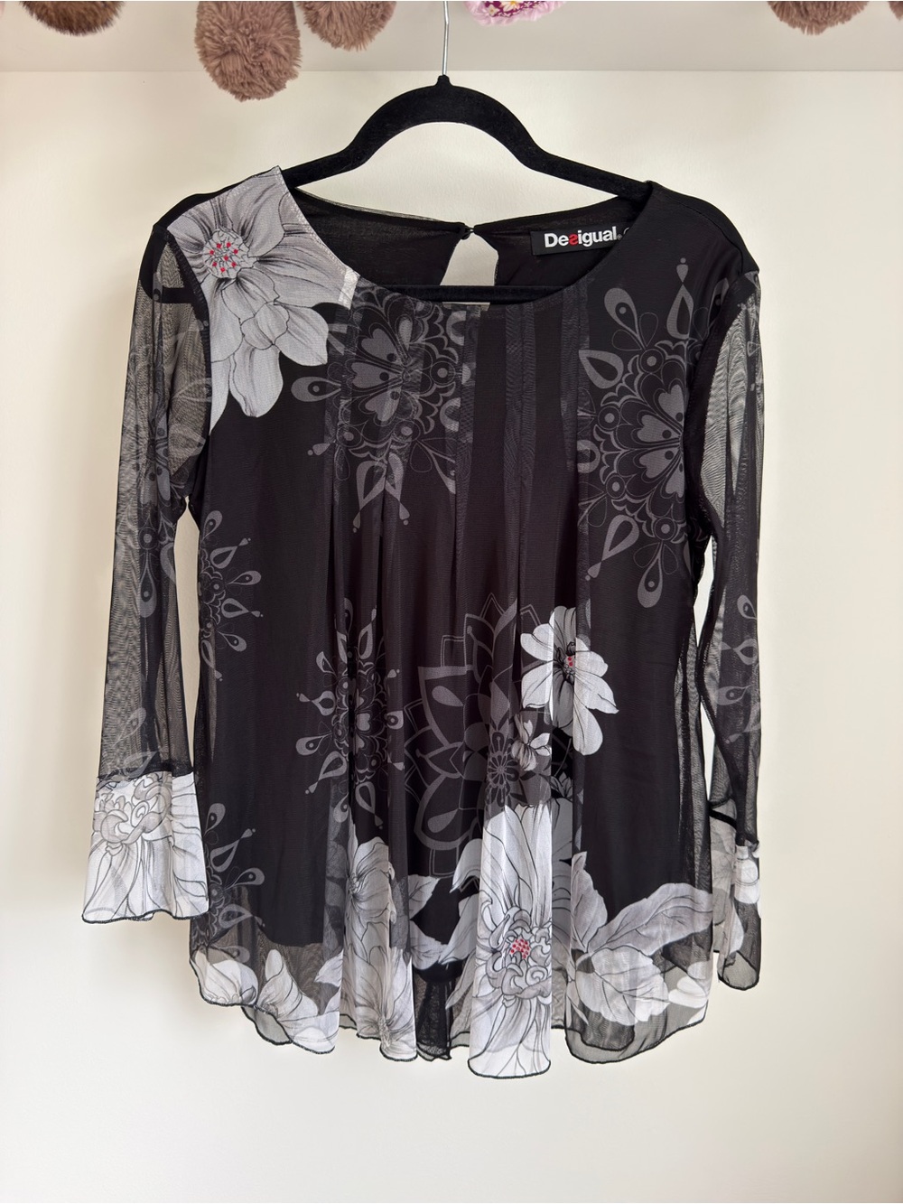 Desigual Black Floral Mesh Tunic Top Whimsigoth Boho Size S